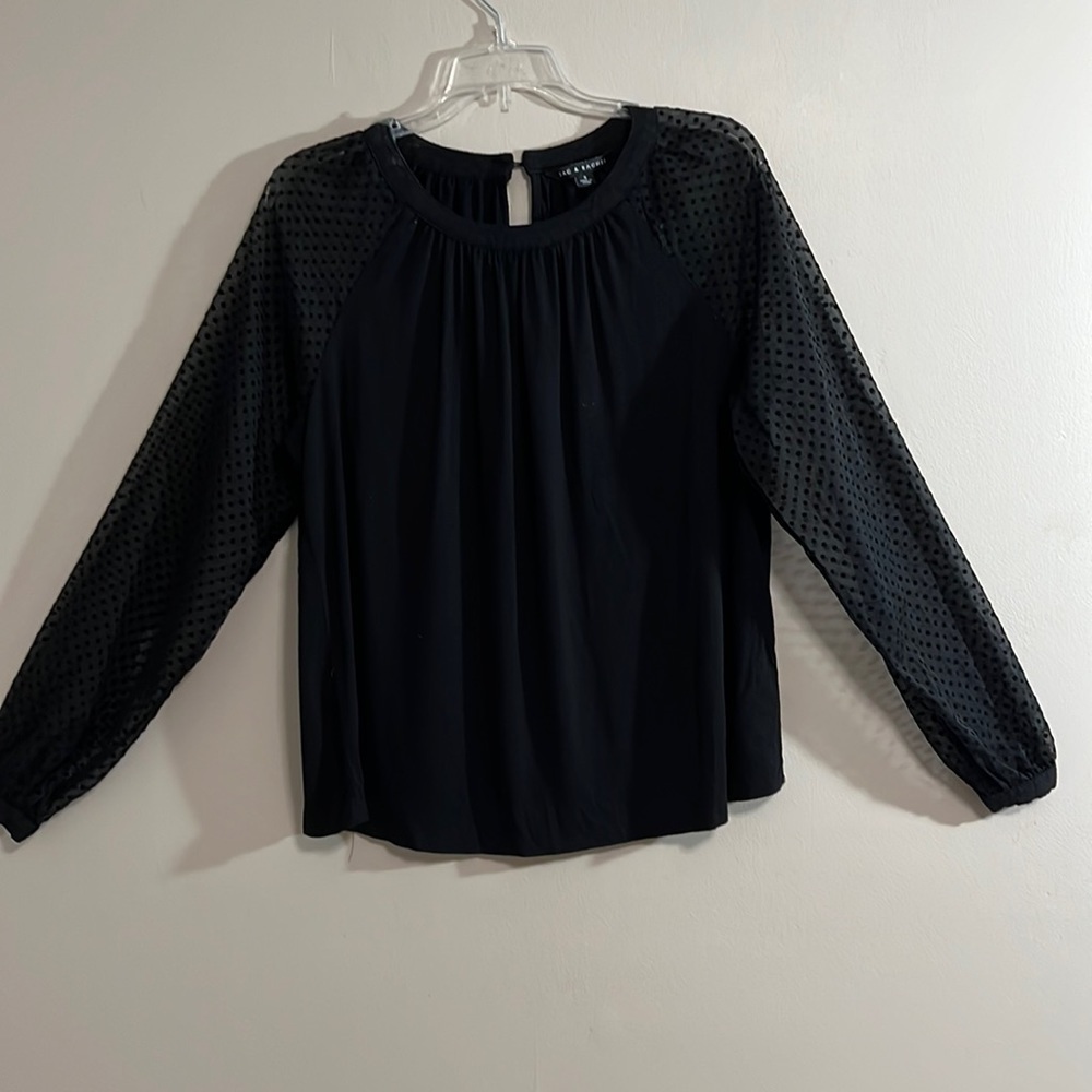 Black Tunic Long Sheer Sleeves with Swiss Dots Size Small